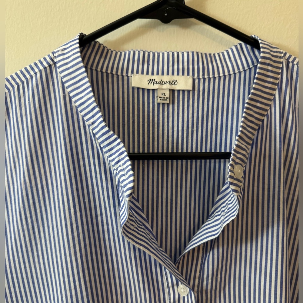 Madewell PERFECT Striped Blue and White 3/4 Sleeve Dress, 100% crisp cotton, XL - Picture 2 of 6